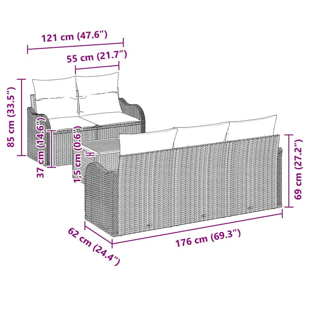 Garten-Sofa-Set 6 pcs Schwarz und Creme 55 x 55 x 37 cm